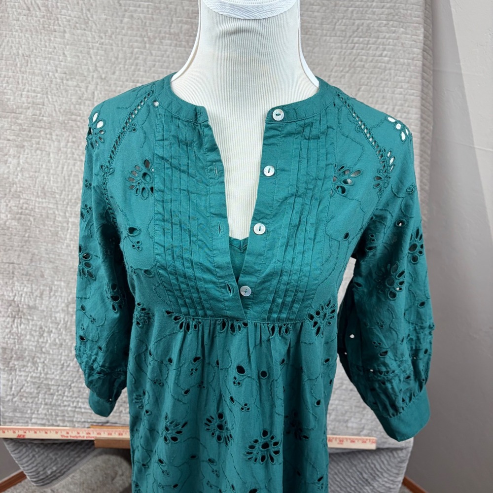 dRA Los Angeles Teal Green Eyelet Cotton Maxi Dress DM1508A XS Boho Tiered
